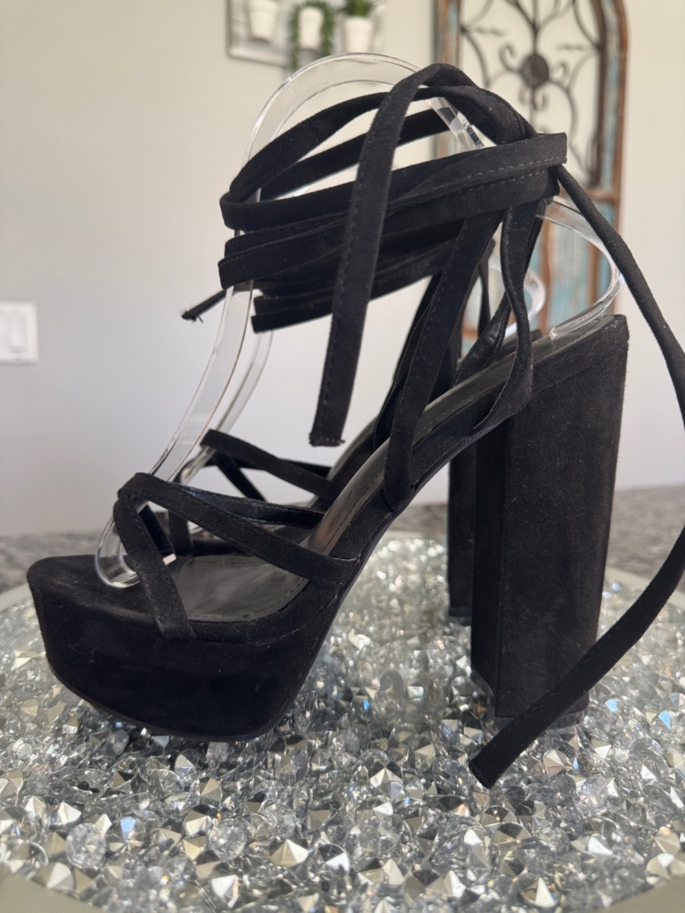 Fashion Nova Black Strappy Lace around ankle Platform Heels